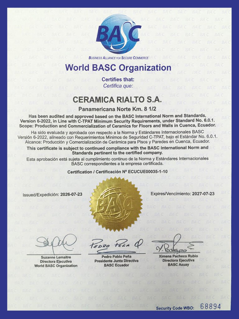 Certificado BASC N.° ECUCUE00035-1-10 otorgado a Cerámica Rialto S.A.